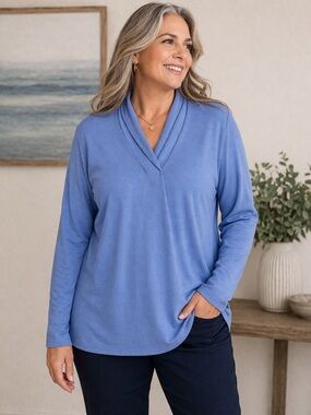 Lands End Cornflower Blue Shawl Collar Top Soft Knit Tee Long Sleeve Lightweight